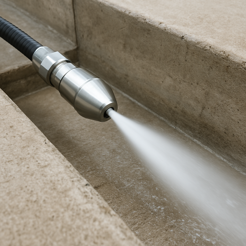 High-pressure drain jet in concrete drain — blocked drain clearing